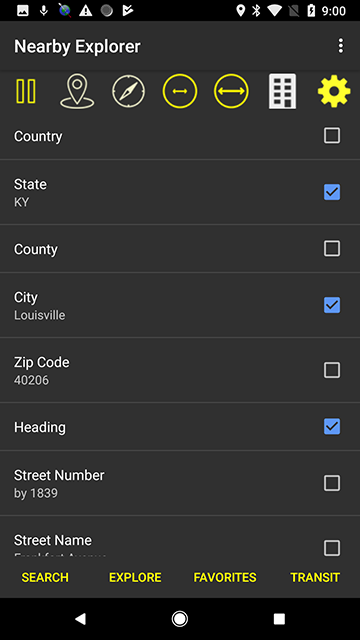 Screenshot of Nearby Explorer app menu displaying saved settings