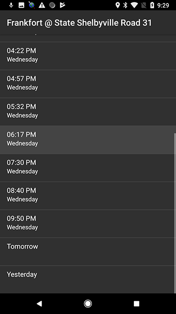 Screenshot of a schedule for a selected bus