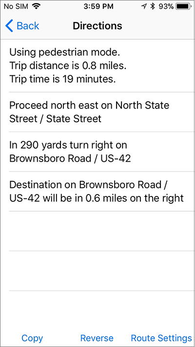 Screenshot of the Directions screen on Nearby Explorer