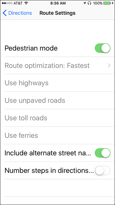 Screen shot of the Route Settings screen on Nearby Explorer