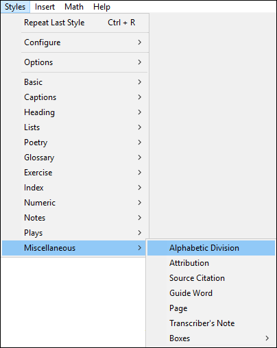 style menu; Miscellaneous and alphabetic division highlighted