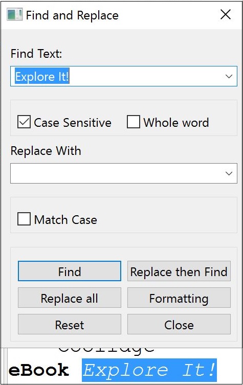 find and replace window with examplefind button selected