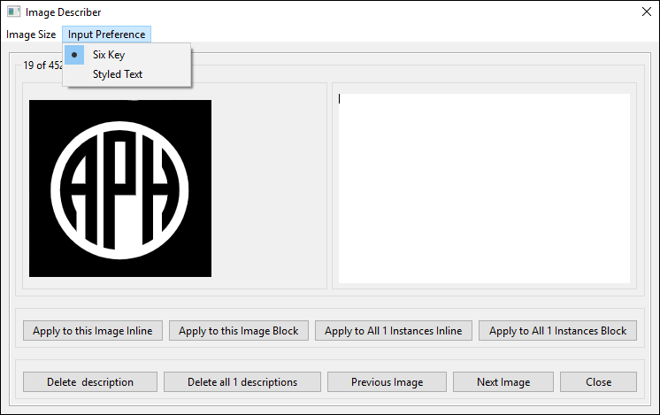 image describer window with input preference and six key selected