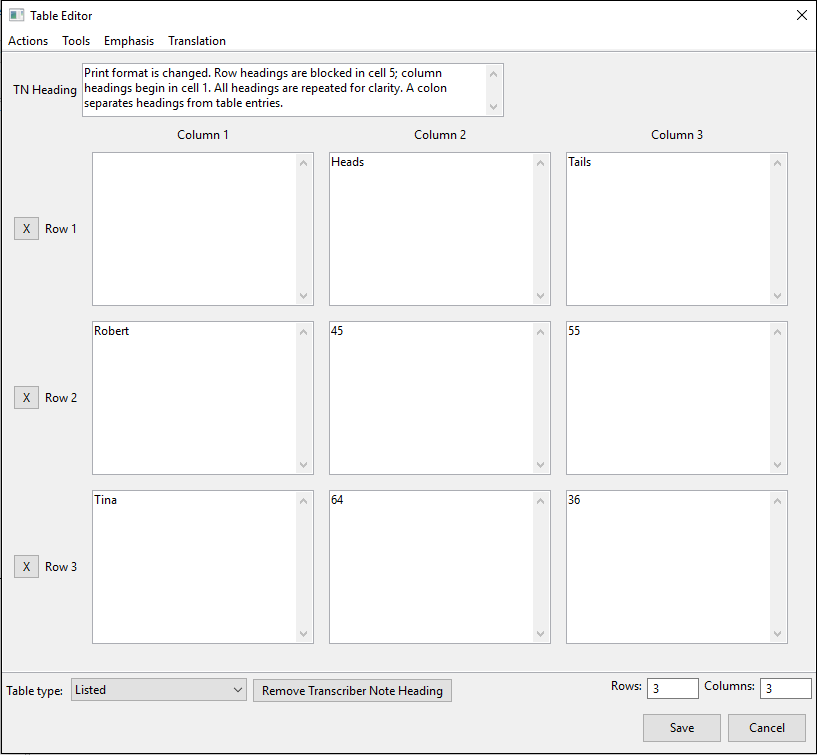 table editor window; listed table; TN heading example