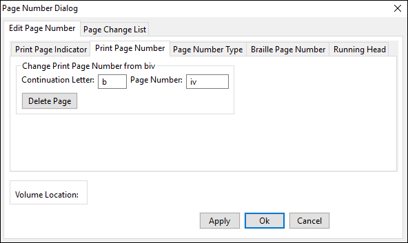 page number dialog window; edit page number tab; print page number tab