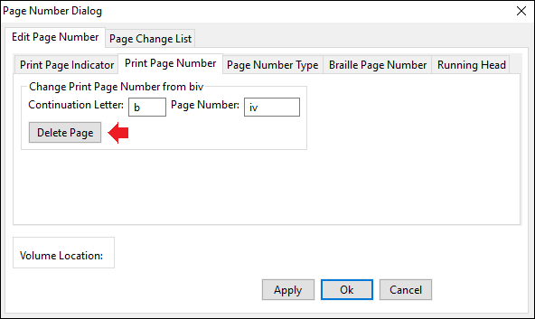 page number dialog window; edit page number tab; print page number tab; red arrow pointing at delete page button