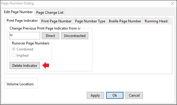 page number dialog window; edit page number tab; print page indicator tab; red arrow pointing at delete indicator button