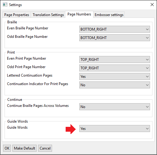 settings window; page numbers tab; guide words on indicated with red arrow