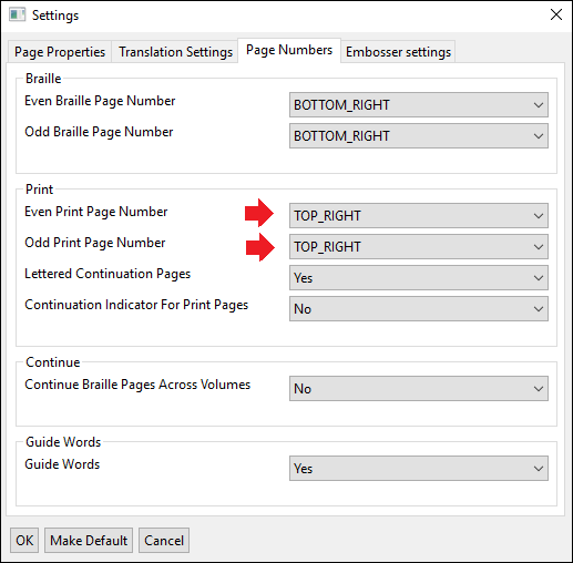 settings window; page numbers tab; even and odd print page numbers indicated with red arrows