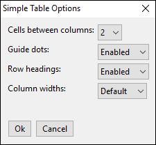 simple table options window