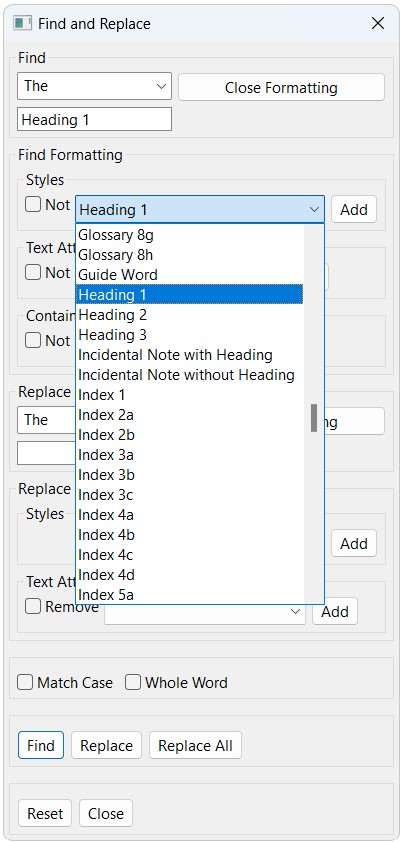 formatting window with Heading 1 highlighted