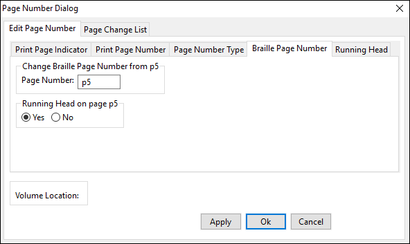 page number dialog window; edit page number tab; braille page number tab