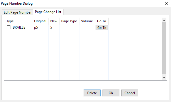 page number dialog window; page change list tab; delete button selected