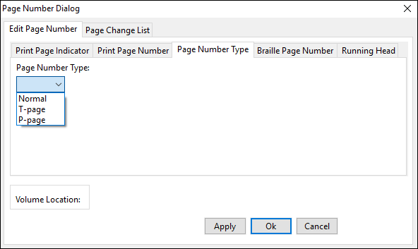 page number dialog window; edit page number tab; page number type tab